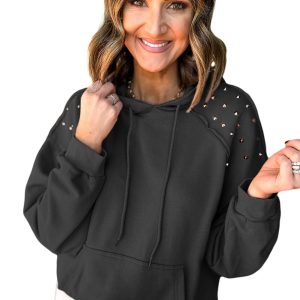 Women's Black Solid Color Rivet Stud Hoodie with Pocket - Main View