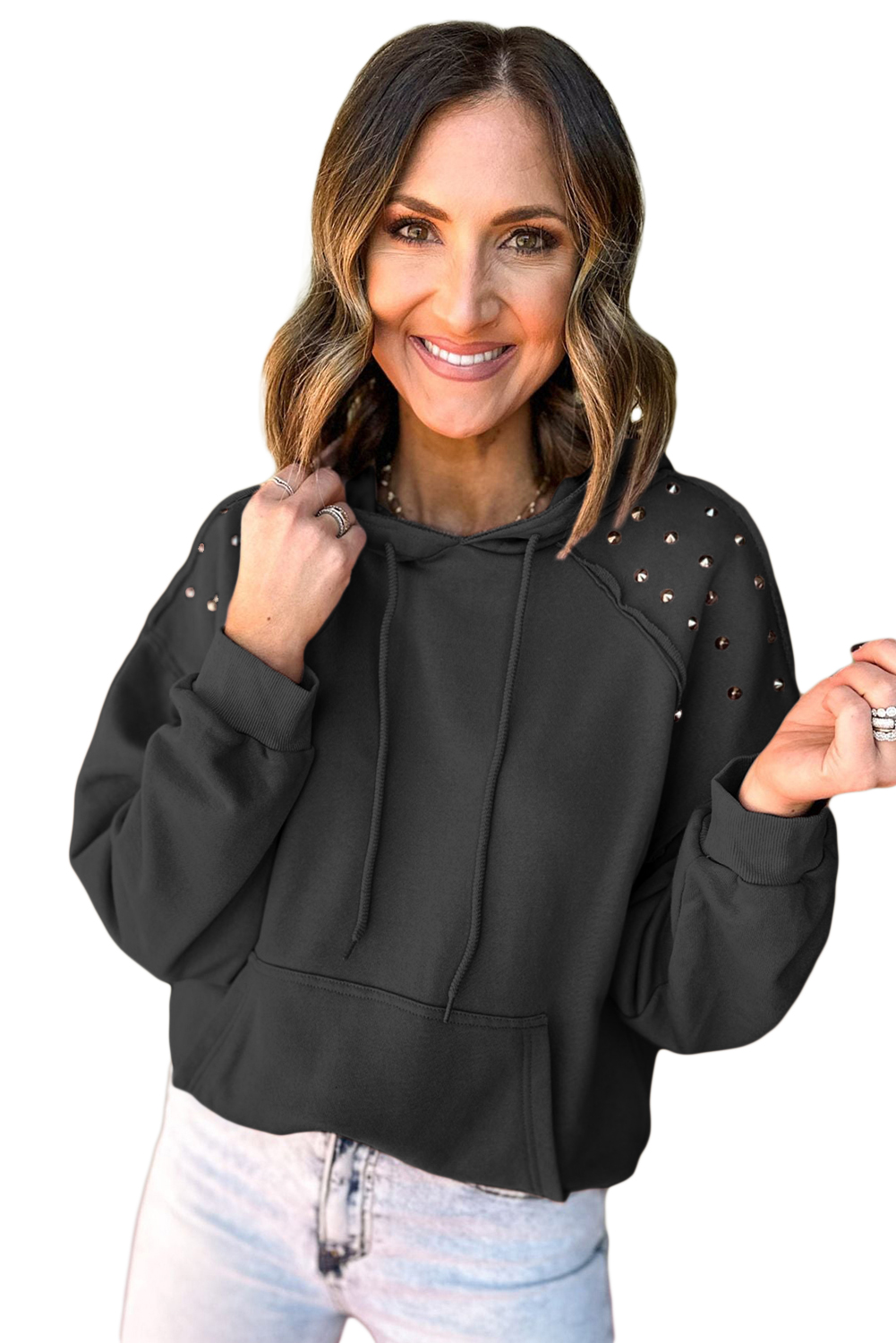 Women's Black Solid Color Rivet Stud Hoodie with Pocket - Main View Women's Black Solid Color Rivet Stud Hoodie with Pocket - Main View