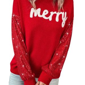 Women's Racing Red Merry Graphic Christmas Turtleneck Sweater with Sequin Sleeves - Main View