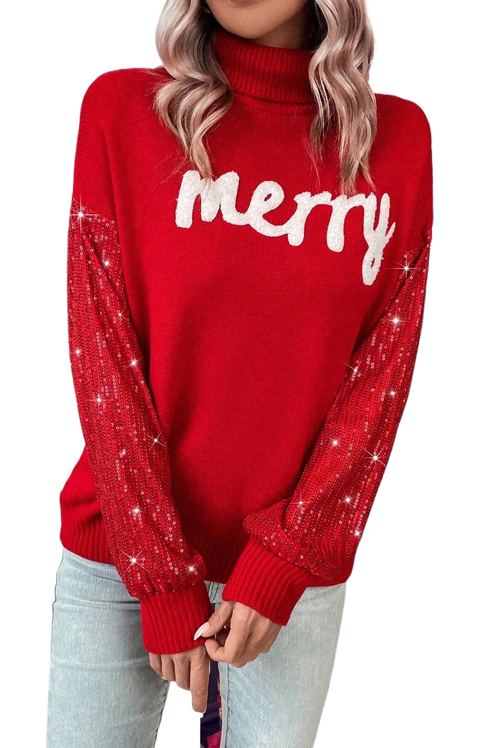 Women's Racing Red Merry Graphic Christmas Turtleneck Sweater with Sequin Sleeves - Main View Women's Racing Red Merry Graphic Christmas Turtleneck Sweater with Sequin Sleeves - Main View