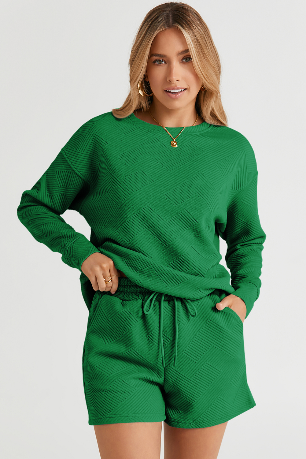 Women's Green Lounge Set, Textured Long Sleeve Top and Shorts - Detail View 4 Women's Green Lounge Set, Textured Long Sleeve Top and Shorts - Detail View 4