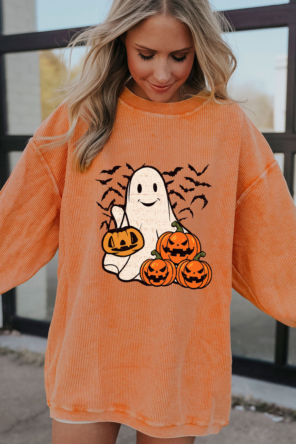 Women's Graphic Sweatshirt, Orange, Halloween, Ghost, Pumpkin, Bat, Corded, Pullover, Casual, Cozy, Soft, Comfortable, Autumn, Winter, Dressy, Party Wear, Halloween Parties, Festival Style, Graphic, Sweaters - Detail View 4 Women's Graphic Sweatshirt, Orange, Halloween, Ghost, Pumpkin, Bat, Corded, Pullover, Casual, Cozy, Soft, Comfortable, Autumn, Winter, Dressy, Party Wear, Halloween Parties, Festival Style, Graphic, Sweaters - Detail View 4