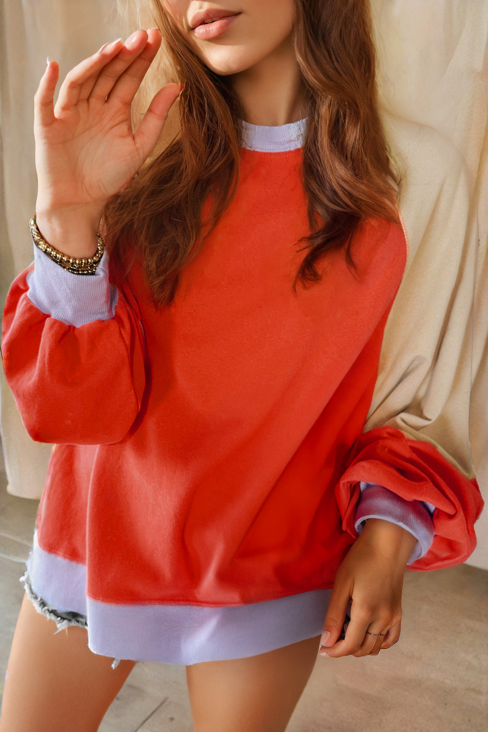 Chic and Comfortable Casual Orange Color Block Top with Side Slits - Detail View 2 Chic and Comfortable Casual Orange Color Block Top with Side Slits - Detail View 2