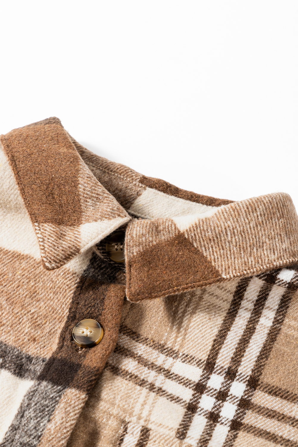 Women's Shacket, Light French Beige, Flannel Plaid, Double Flap Pockets, Casual Outerwear, Winter Style, Comfortable, Cozy, Button Up, Versatile Layering, Daily Wear, Long Sleeve, Turn Down Collar, Plaid Pattern, Shift Silhouette, All Season - Detail View 12 Women's Shacket, Light French Beige, Flannel Plaid, Double Flap Pockets, Casual Outerwear, Winter Style, Comfortable, Cozy, Button Up, Versatile Layering, Daily Wear, Long Sleeve, Turn Down Collar, Plaid Pattern, Shift Silhouette, All Season - Detail View 12