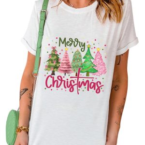 Women's White Merry Christmas Holiday Vibe Graphic Crewneck T-Shirt - Main View