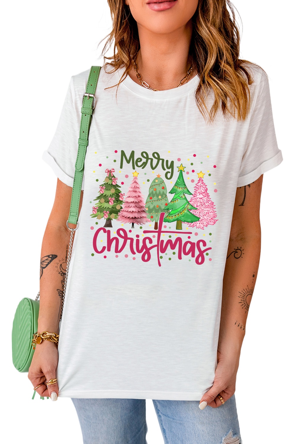 Women's White Merry Christmas Holiday Vibe Graphic Crewneck T-Shirt - Main View Women's White Merry Christmas Holiday Vibe Graphic Crewneck T-Shirt - Main View
