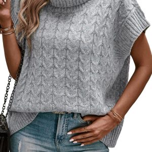 Women's Cable Knit Sweater, Grey Short Sleeve Turtleneck Top - Main View