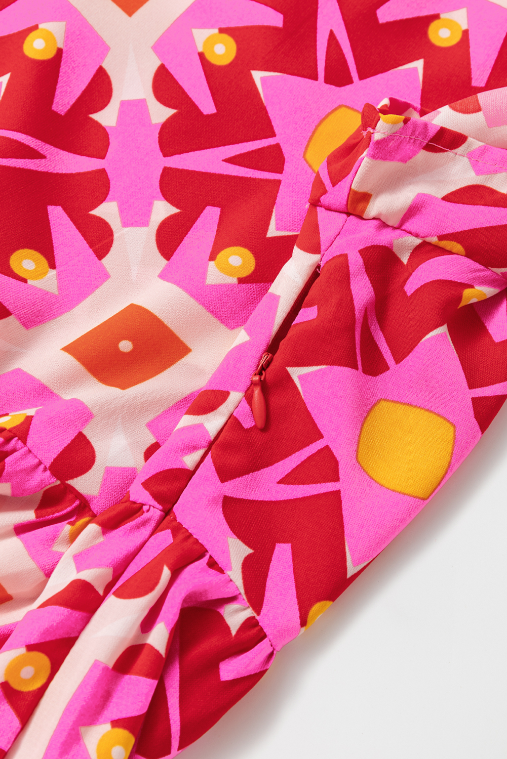 Women's Maxi Dress, Strawberry Pink, Geo Print, V-Neck, Short Sleeve, Soft Fabric, Abstract Pattern, Summer Fashion, Bohemian Style, Casual Style, Daily Wear, Summer Vacation, Trendy Outfit - Detail View 10 Women's Maxi Dress, Strawberry Pink, Geo Print, V-Neck, Short Sleeve, Soft Fabric, Abstract Pattern, Summer Fashion, Bohemian Style, Casual Style, Daily Wear, Summer Vacation, Trendy Outfit - Detail View 10