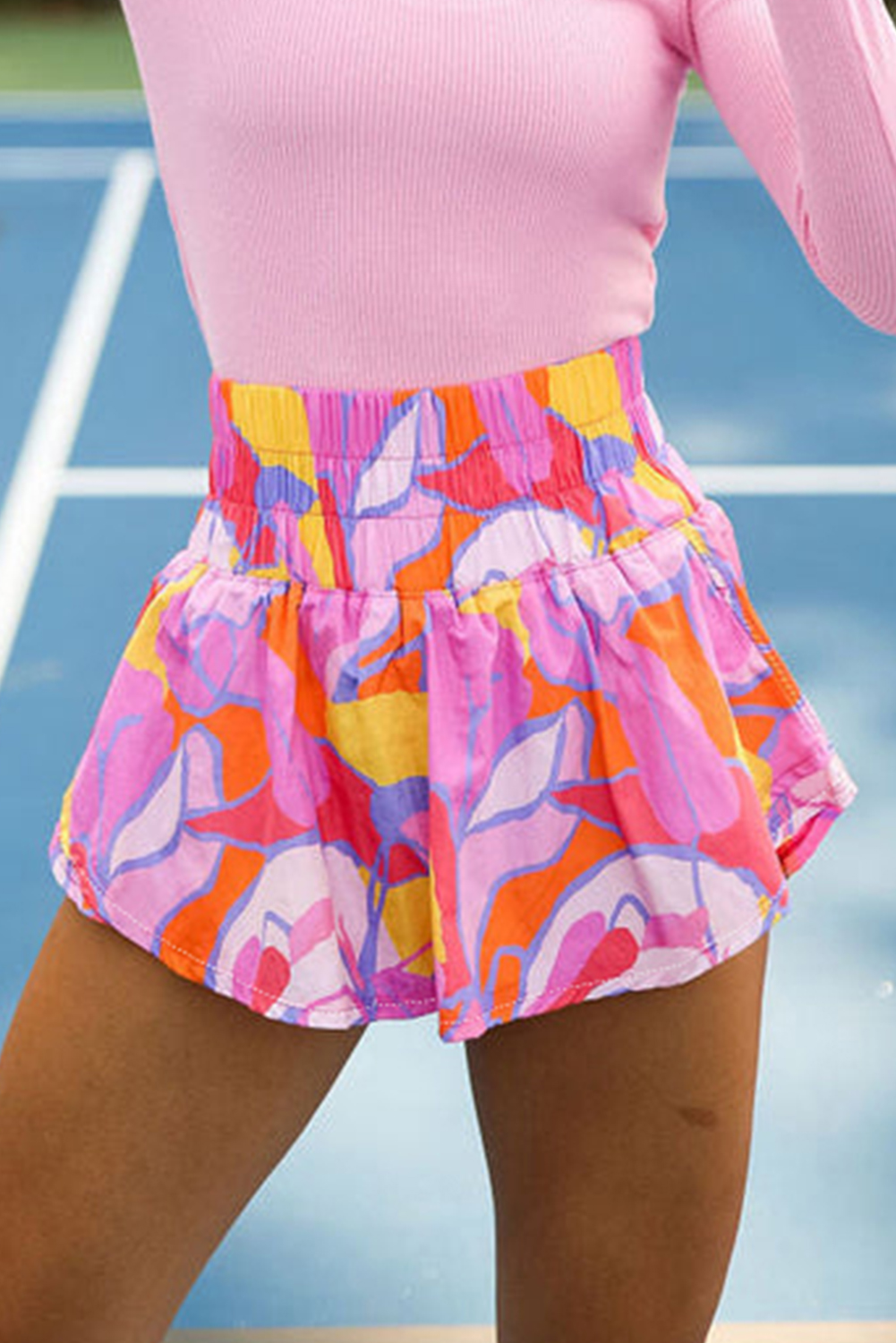Women's Abstract Print Shorts, High Waisted Smocked Summer - Detail View 7 Women's Abstract Print Shorts, High Waisted Smocked Summer - Detail View 7
