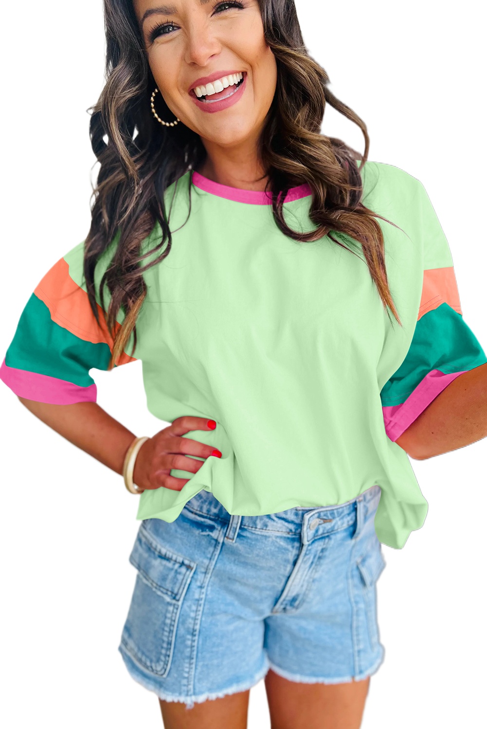 Women's Colorblock Top, Casual Round Neck Half Sleeve Tee - Main View Women's Colorblock Top, Casual Round Neck Half Sleeve Tee - Main View