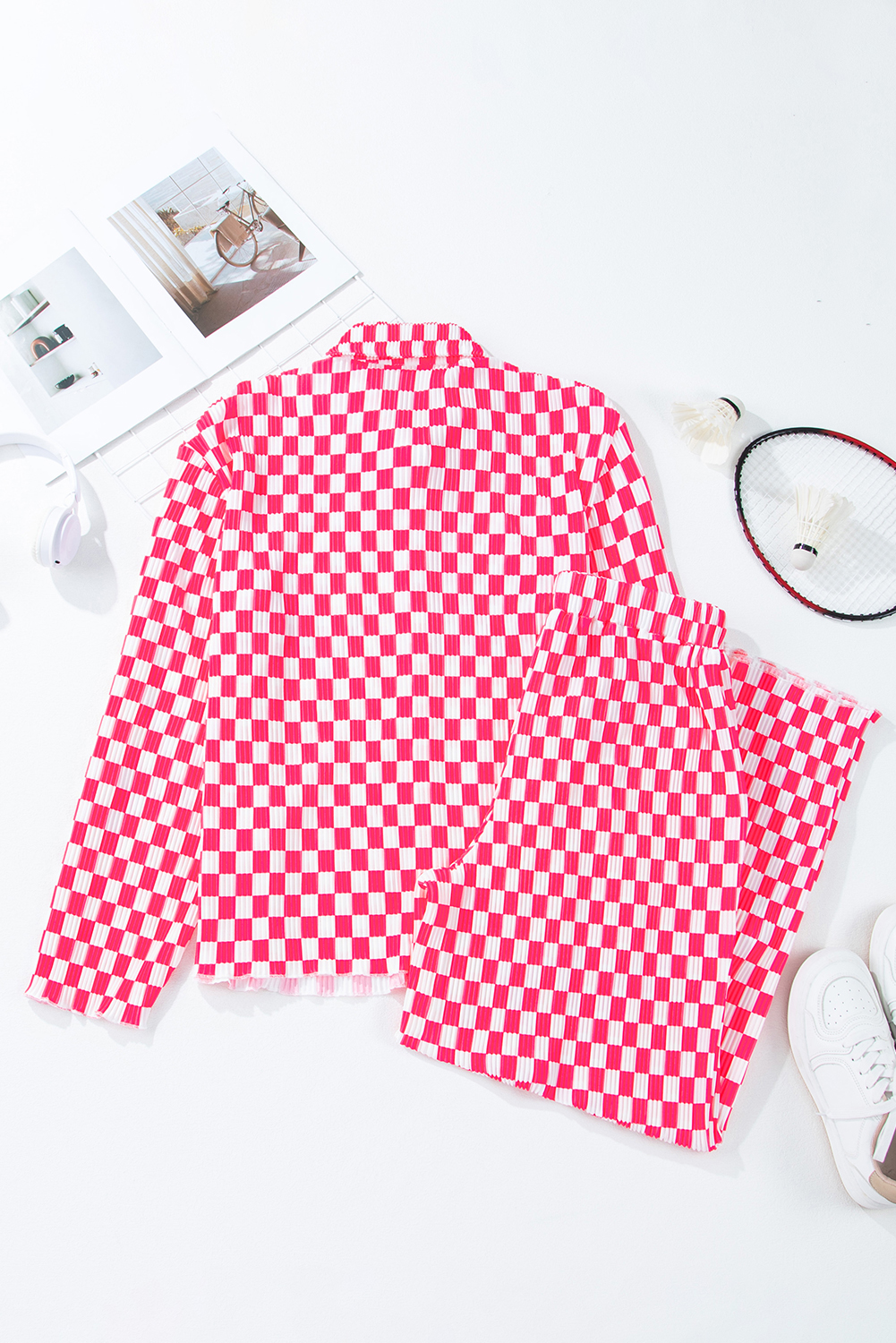 Pink Checkered Shirred High Waist Pajama Set for Women - Detail View 11 Pink Checkered Shirred High Waist Pajama Set for Women - Detail View 11