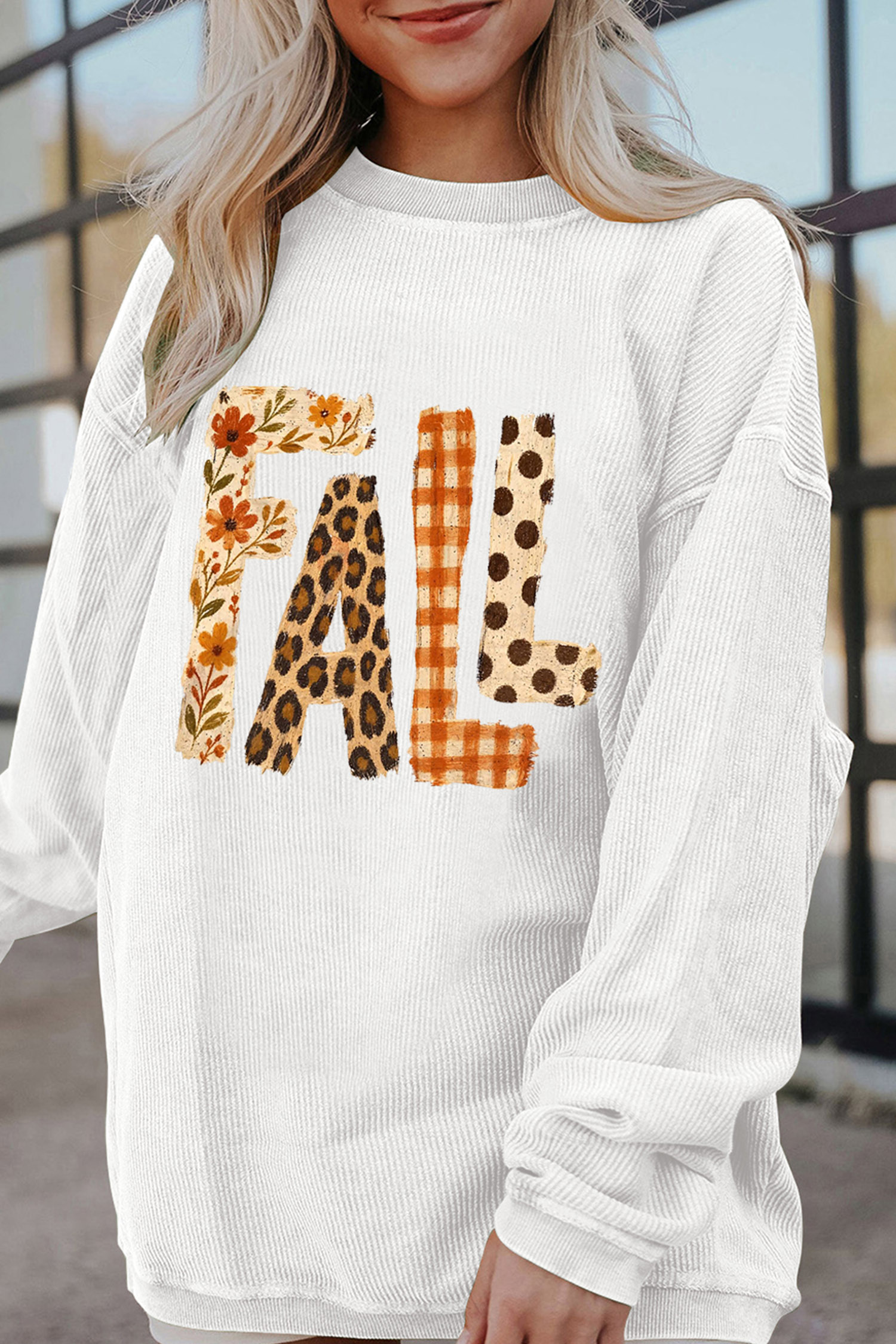 Casual Fall Letter Sweatshirt, Women's White Graphic Pullover - Detail View 3 Casual Fall Letter Sweatshirt, Women's White Graphic Pullover - Detail View 3