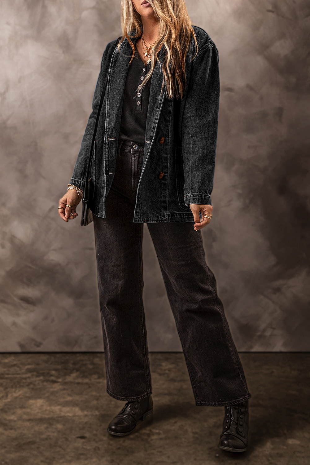 Women's Classic Black Denim Jacket with Lapel Collar and Side Pockets - Detail View 6 Women's Classic Black Denim Jacket with Lapel Collar and Side Pockets - Detail View 6