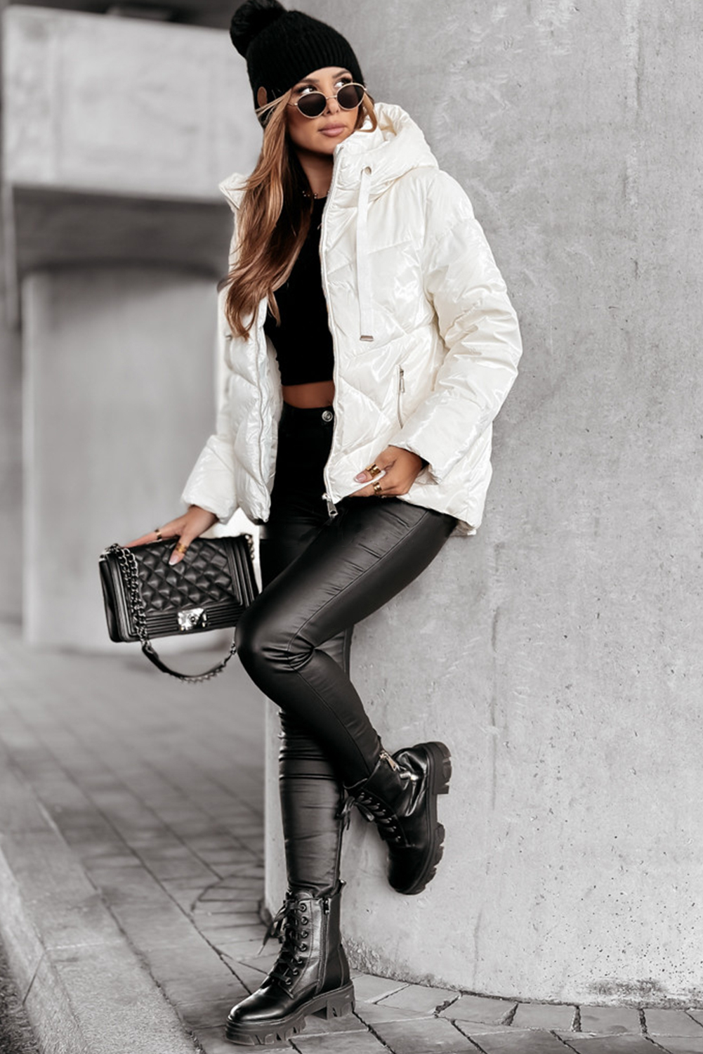 Stylish and Warm Quilted Puffer Coat with Drawstring Hood - White - Detail View 6 Stylish and Warm Quilted Puffer Coat with Drawstring Hood - White - Detail View 6