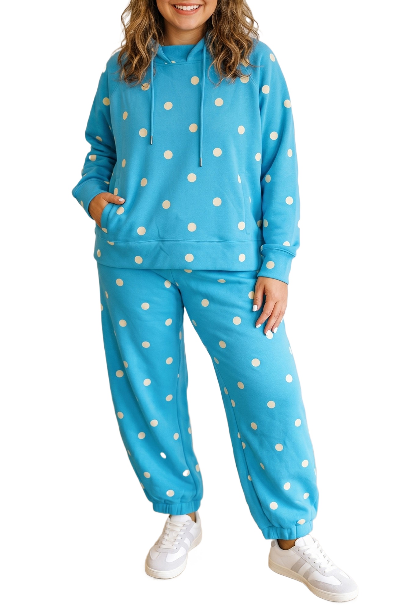 Women's Polka Dot Jogger Set, Casual Hooded Long Sleeve Fit - Main View Women's Polka Dot Jogger Set, Casual Hooded Long Sleeve Fit - Main View