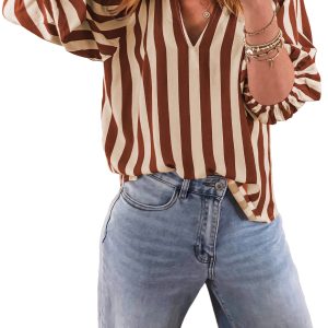 Women's Brown Striped Blouse, V Neck Half Sleeve Casual Top - Main View