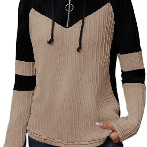 Women's Parchment Textured Colorblock Long Sleeve Quarter Zip Hooded Top - Main View