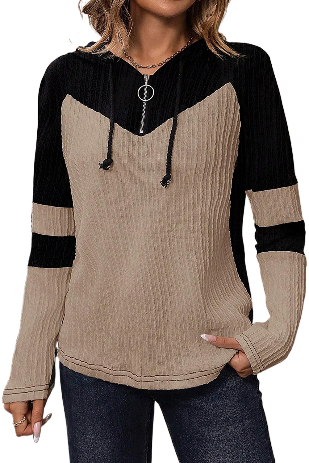 Women's Parchment Textured Colorblock Long Sleeve Quarter Zip Hooded Top - Main View Women's Parchment Textured Colorblock Long Sleeve Quarter Zip Hooded Top - Main View