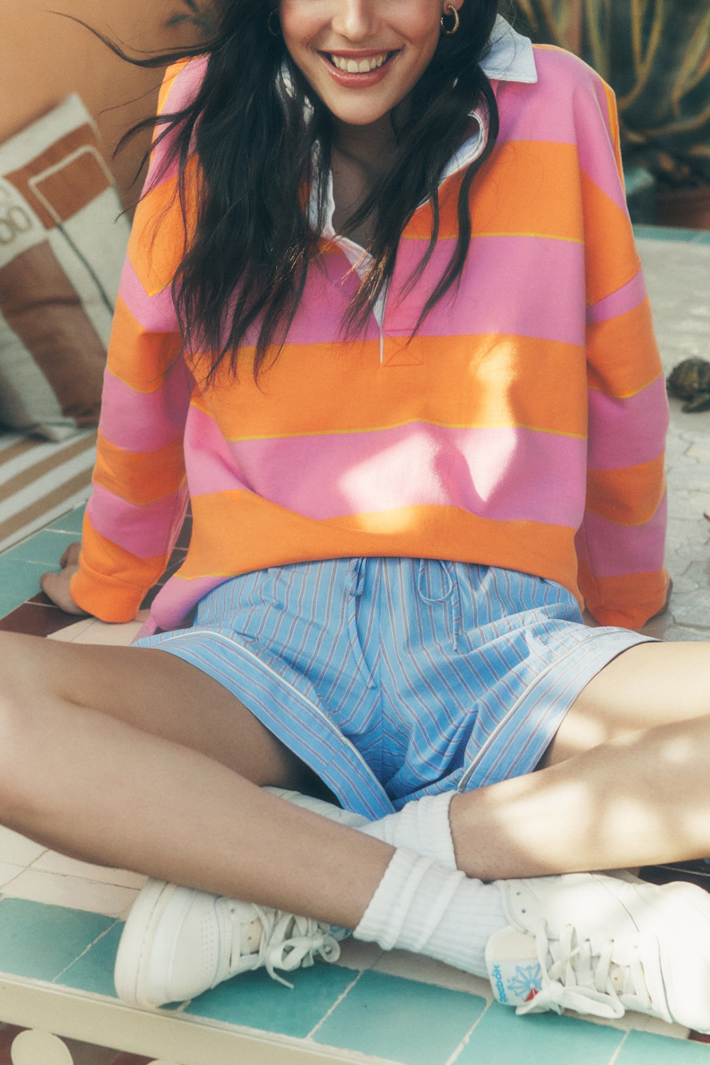 Chic Long Sleeve Striped Sweatshirt with Polo Collar - Versatile Fashion Essential - Detail View 2 Chic Long Sleeve Striped Sweatshirt with Polo Collar - Versatile Fashion Essential - Detail View 2