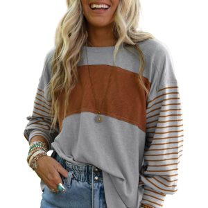 Women's Colorblock Striped Top, Casual Round Neck Long Sleeve - Main View