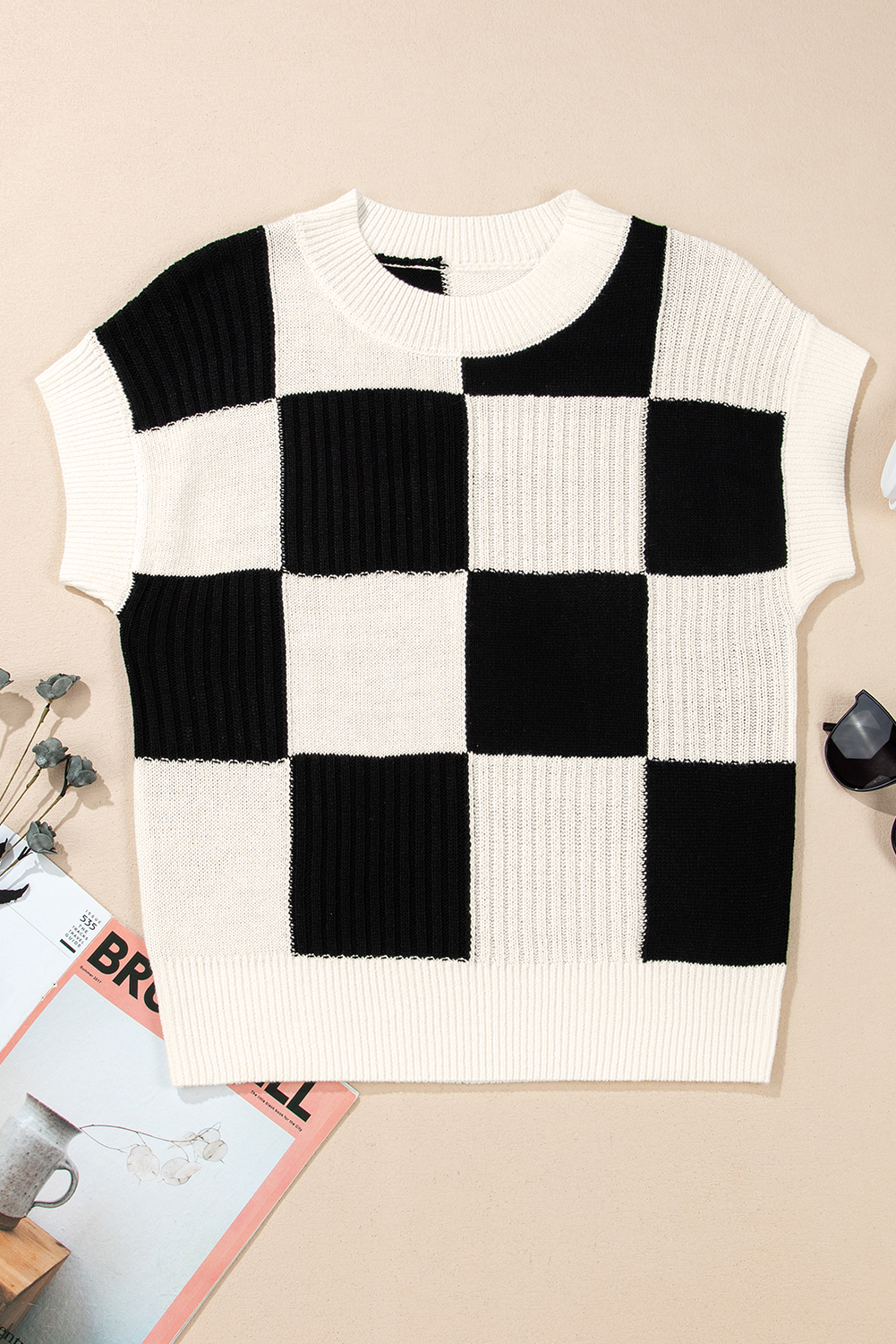 Women's Sweater, Black Checkered, Color Block, Crew Neck, Short Sleeve, Casual, Fall Fashion, Plaid Pattern, Stylish, Comfortable, Daily Wear, Acrylic Material, Shift Silhouette, Trendy Design, Sweaters & Cardigans - Detail View 4 Women's Sweater, Black Checkered, Color Block, Crew Neck, Short Sleeve, Casual, Fall Fashion, Plaid Pattern, Stylish, Comfortable, Daily Wear, Acrylic Material, Shift Silhouette, Trendy Design, Sweaters & Cardigans - Detail View 4
