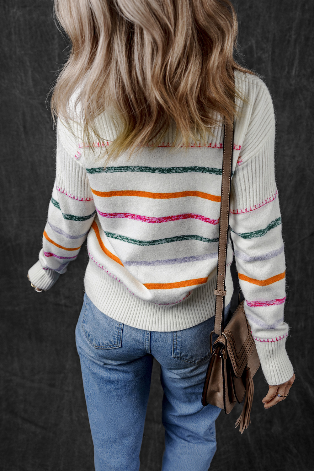 Chic Long Sleeve Round Neck Sweater: White Colorful Stripes - Detail View 2 Chic Long Sleeve Round Neck Sweater: White Colorful Stripes - Detail View 2
