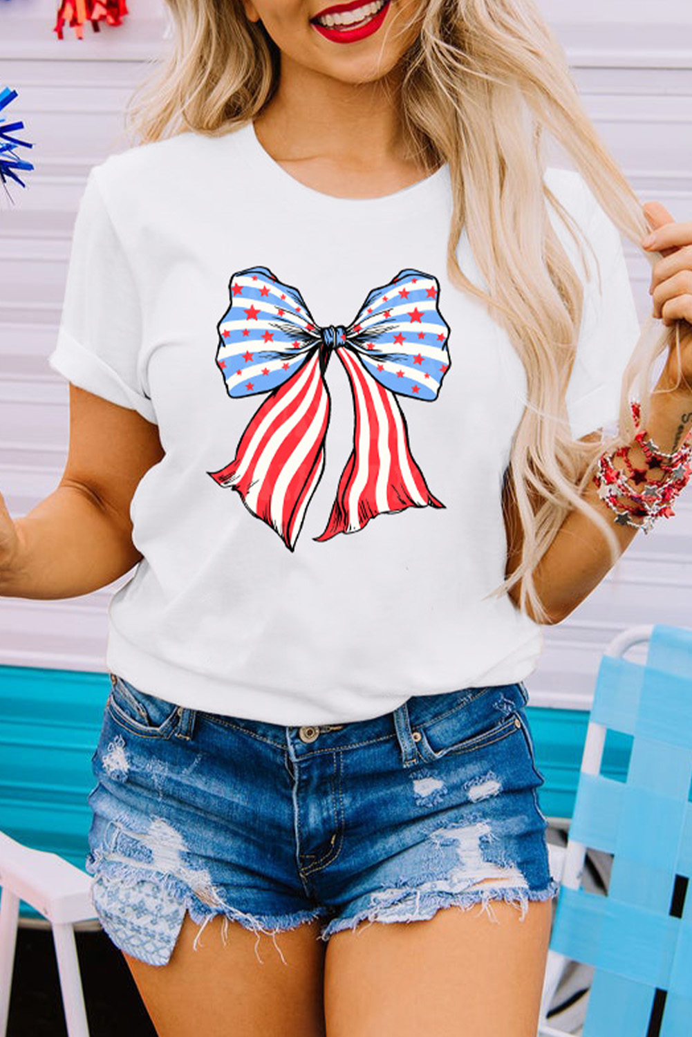 Casual Round Neck Short Sleeve Tee with Stripes and Stars Print - Detail View 2 Casual Round Neck Short Sleeve Tee with Stripes and Stars Print - Detail View 2