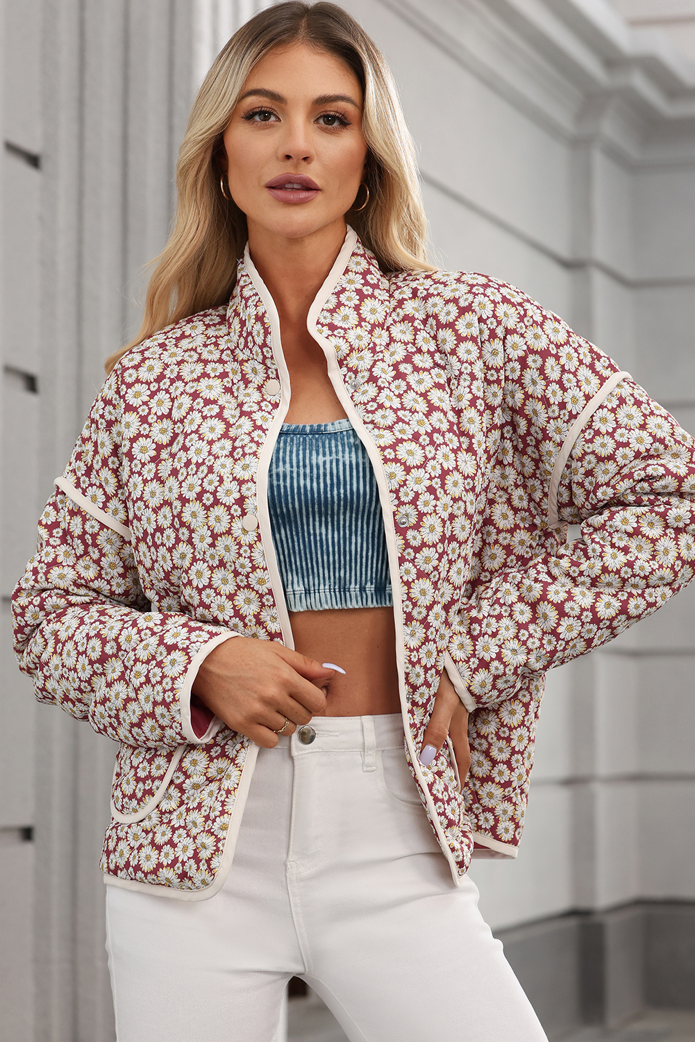 Women's Pink Floral Print Stand Neck Coat with Contrast Edge Detail - Detail View 6 Women's Pink Floral Print Stand Neck Coat with Contrast Edge Detail - Detail View 6