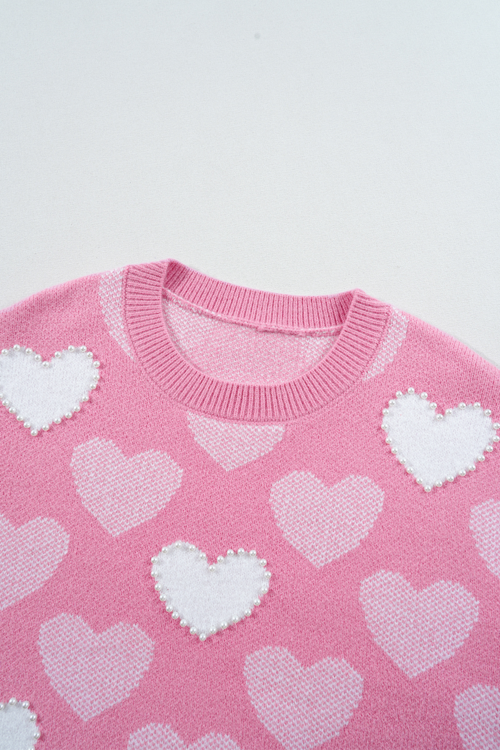Women's Sweater, Pink Sweater, Heart Print, Valentine's Day, Crew Neck, Long Sleeve, Cozy, Casual, Comfortable, Trendy, Winter Fashion, Pearled Details, Southern Belle Style, Daily Wear, Holiday Season - Detail View 8 Women's Sweater, Pink Sweater, Heart Print, Valentine's Day, Crew Neck, Long Sleeve, Cozy, Casual, Comfortable, Trendy, Winter Fashion, Pearled Details, Southern Belle Style, Daily Wear, Holiday Season - Detail View 8