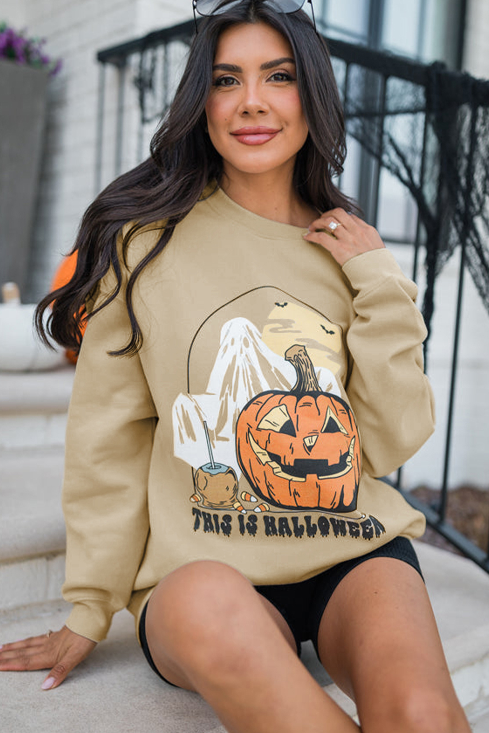 Women's Sweatshirt, Parchment Color, Halloween Graphic, Pumpkin Design, Crewneck, Long Sleeve, Casual Style, Oversized Fit, Autumn Fashion, Daily Wear, Spooky Season, Comfortable Material, 50% Polyester, 50% Cotton, Graphic Sweatshirts, Fall Festivities - Detail View 4 Women's Sweatshirt, Parchment Color, Halloween Graphic, Pumpkin Design, Crewneck, Long Sleeve, Casual Style, Oversized Fit, Autumn Fashion, Daily Wear, Spooky Season, Comfortable Material, 50% Polyester, 50% Cotton, Graphic Sweatshirts, Fall Festivities - Detail View 4