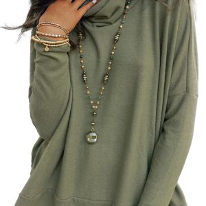 Women's Cowl Neck Tunic, Casual Long Sleeve Green Top - Main View