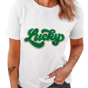 Women's Lucky Graphic T Shirt, St Patrick's Day Chenille Tee - Main View
