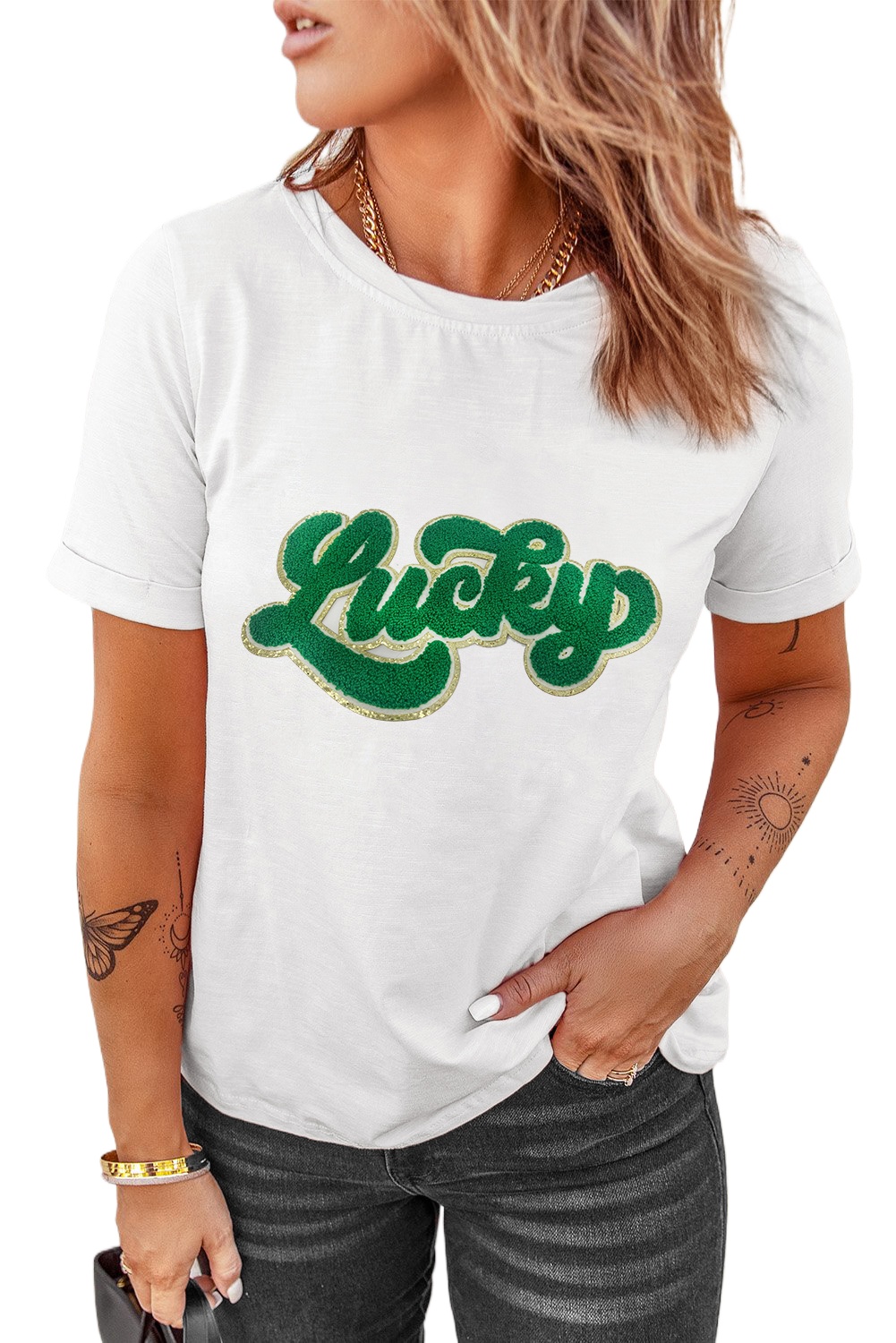 Women's Lucky Graphic T Shirt, St Patrick's Day Chenille Tee - Main View Women's Lucky Graphic T Shirt, St Patrick's Day Chenille Tee - Main View