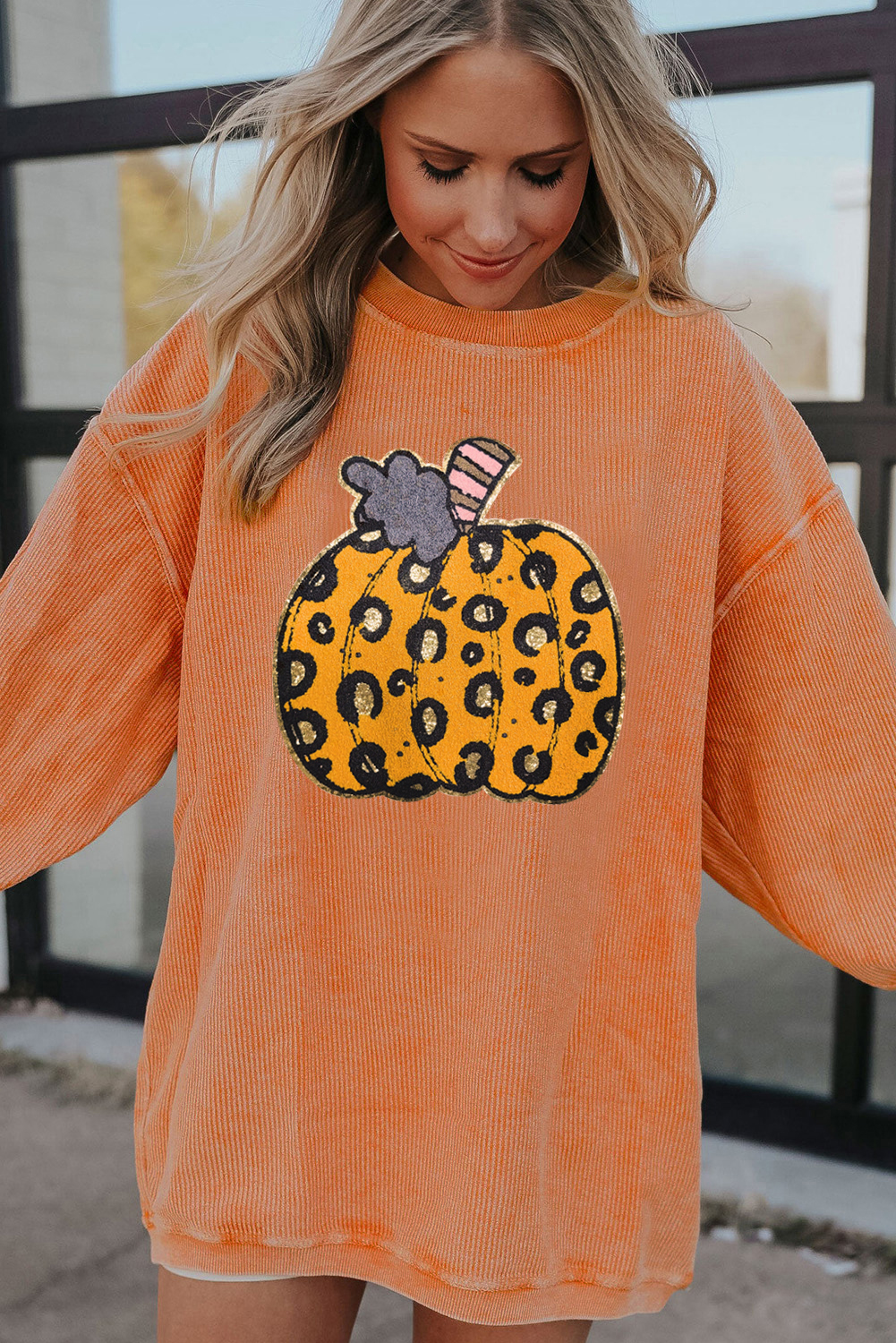 Festive Halloween Sweatshirt - Unique Leopard Pumpkin Print Design - Detail View 7 Festive Halloween Sweatshirt - Unique Leopard Pumpkin Print Design - Detail View 7