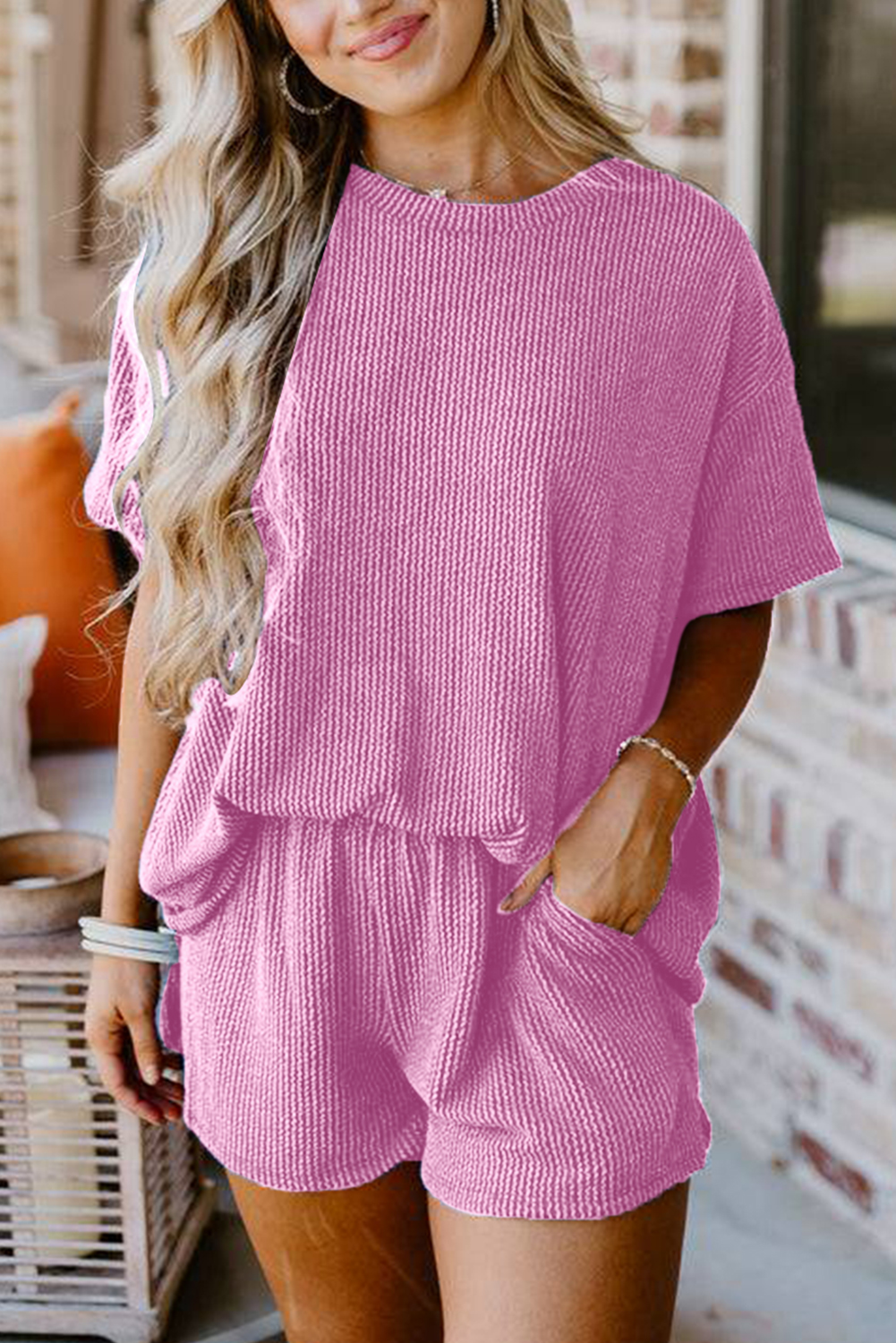 Phalaenopsis Pink Knit Short Set, Relaxed Women's Daily Wear - Detail View 2 Phalaenopsis Pink Knit Short Set, Relaxed Women's Daily Wear - Detail View 2