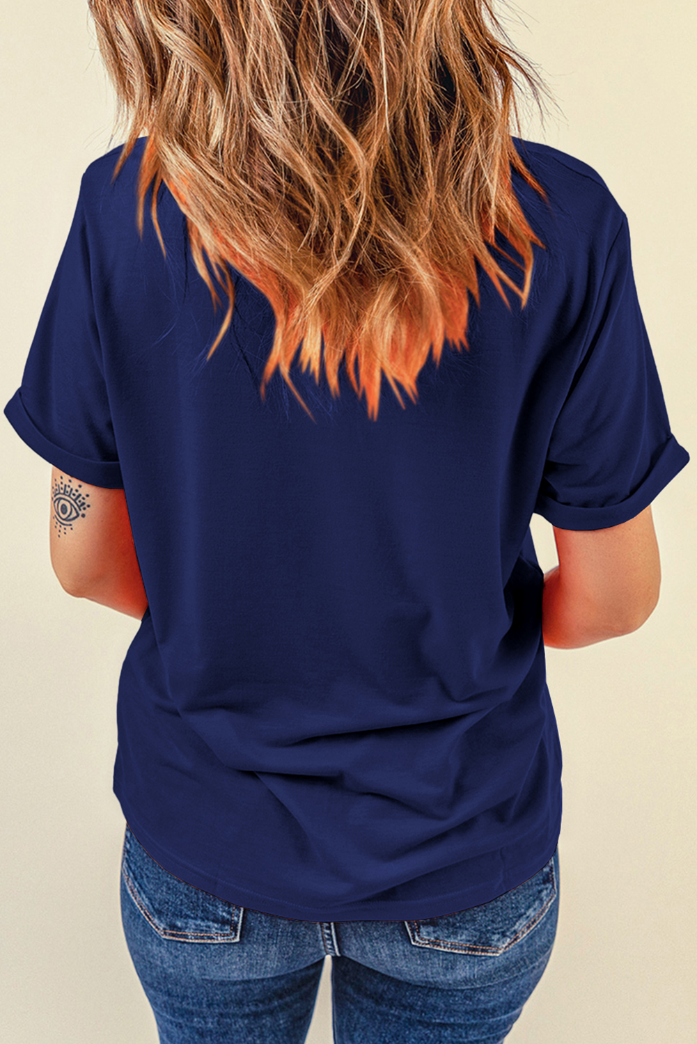 Stylish Cuffed Sleeve Crew Neck Tee for Game Day - Blue Glitter Graphic - Detail View 6 Stylish Cuffed Sleeve Crew Neck Tee for Game Day - Blue Glitter Graphic - Detail View 6