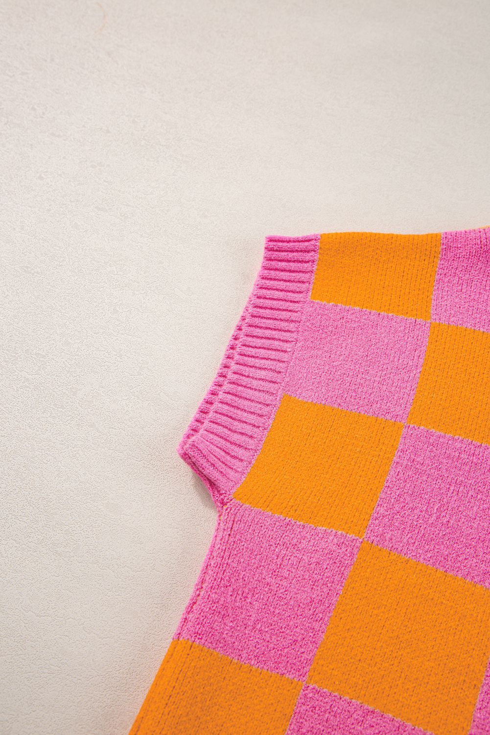 Women's Strawberry Pink Colorblock Plaid Pattern Ribbed Trim Sweater Tank Top - Detail View 11 Women's Strawberry Pink Colorblock Plaid Pattern Ribbed Trim Sweater Tank Top - Detail View 11