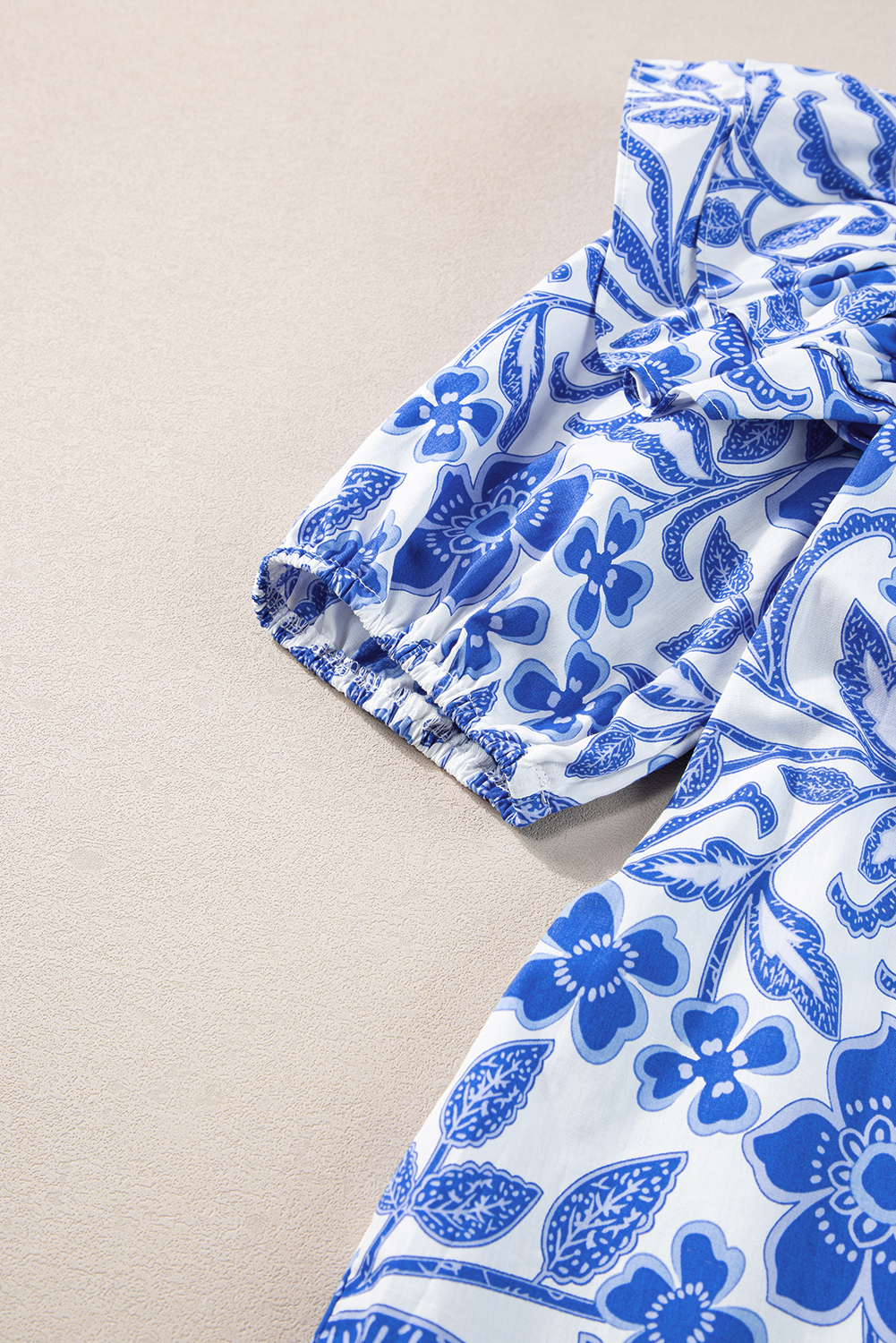 Women's Dark Blue Floral Print Ruffled Bubble Sleeve Blouse - Detail View 11 Women's Dark Blue Floral Print Ruffled Bubble Sleeve Blouse - Detail View 11