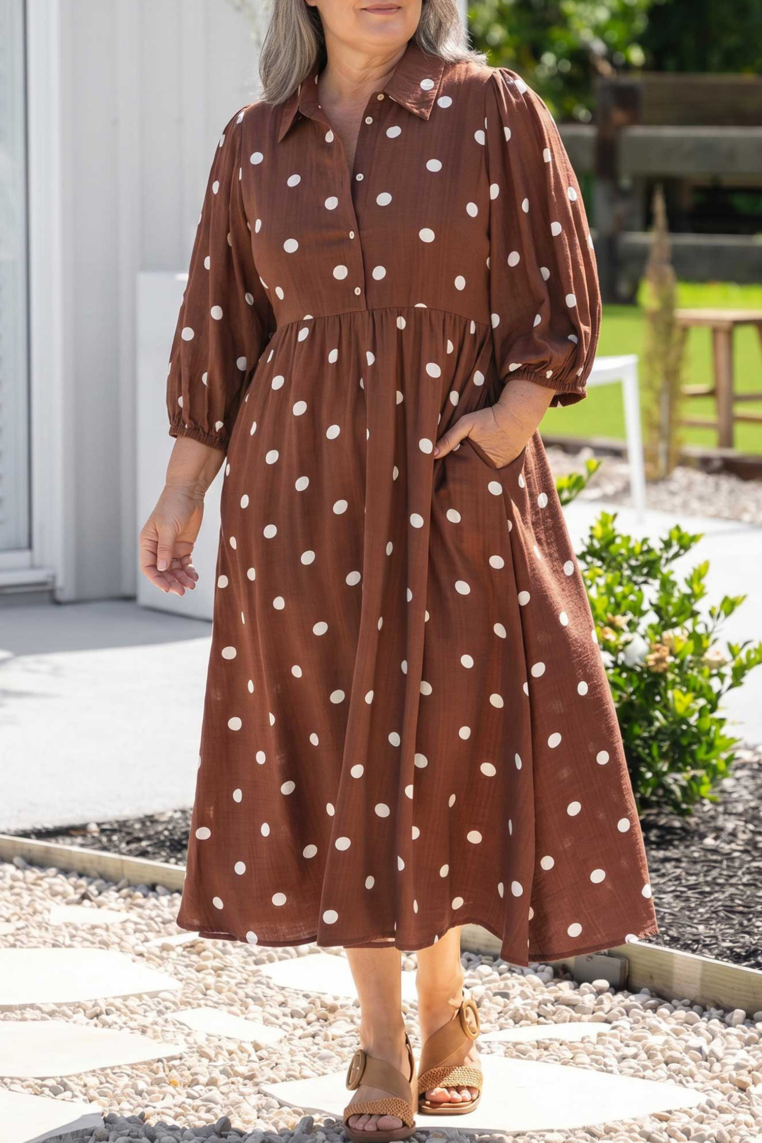 Vintage Style Polka Dot Maxi Dress, Fall Long Sleeve Outfit - Detail View 5 Vintage Style Polka Dot Maxi Dress, Fall Long Sleeve Outfit - Detail View 5