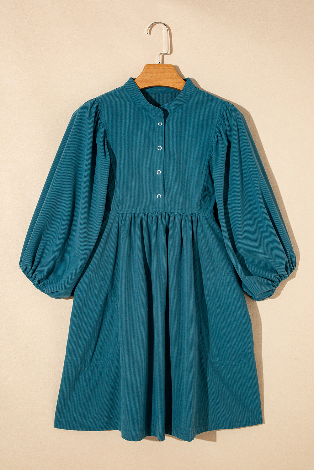 Chic Three-Quarter Sleeve Dress - Snap Buttons, High Waist, Blue Corduroy - Detail View 8 Chic Three-Quarter Sleeve Dress - Snap Buttons, High Waist, Blue Corduroy - Detail View 8