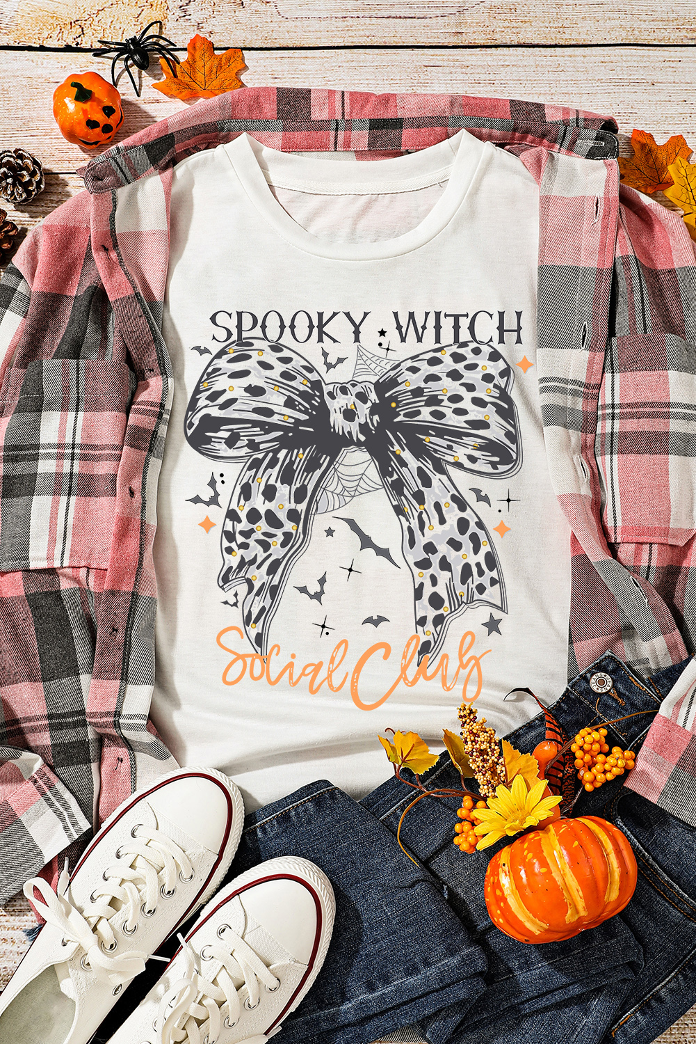 Festive Halloween Tee: Bat Graphic and Playful Leopard Bowknot Print - Detail View 2 Festive Halloween Tee: Bat Graphic and Playful Leopard Bowknot Print - Detail View 2