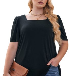 Women's Plus Size Square Neck Top, Black Puff Sleeve Blouse - Main View
