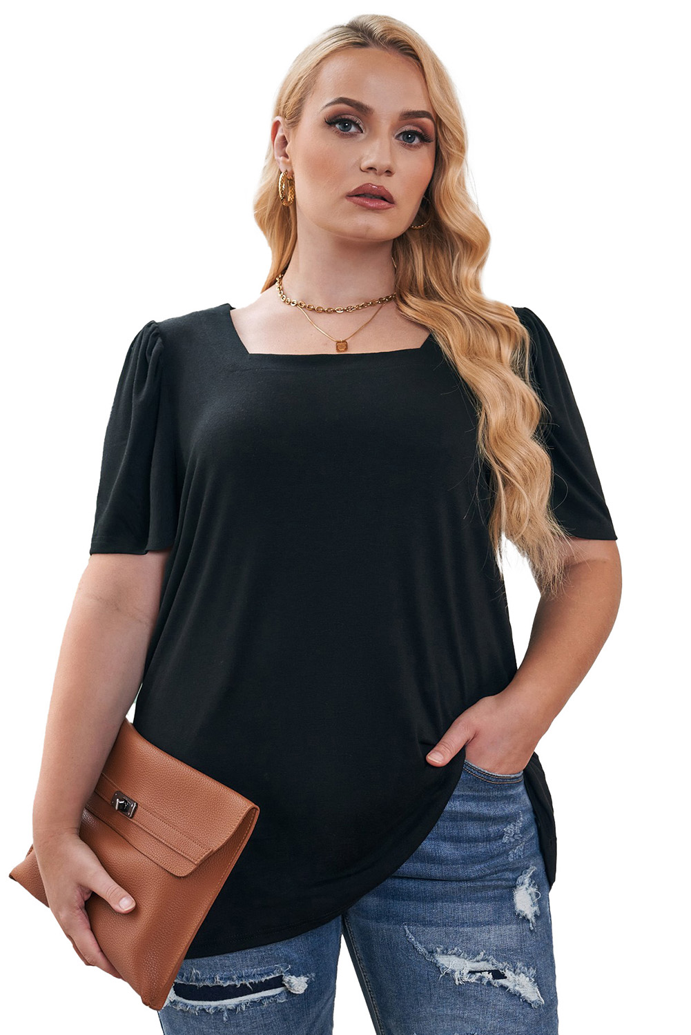 Women's Plus Size Square Neck Top, Black Puff Sleeve Blouse - Main View Women's Plus Size Square Neck Top, Black Puff Sleeve Blouse - Main View