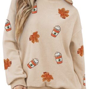 Women's Sequin Graphic Sweatshirt, Apricot Mock Neck Top - Main View