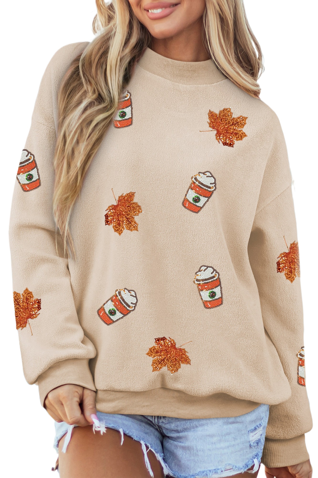 Women's Sequin Graphic Sweatshirt, Apricot Mock Neck Top - Main View Women's Sequin Graphic Sweatshirt, Apricot Mock Neck Top - Main View