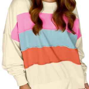 Women's White Colorblock Patchwork Crewneck Sweatshirt with Drop Shoulders - Main View
