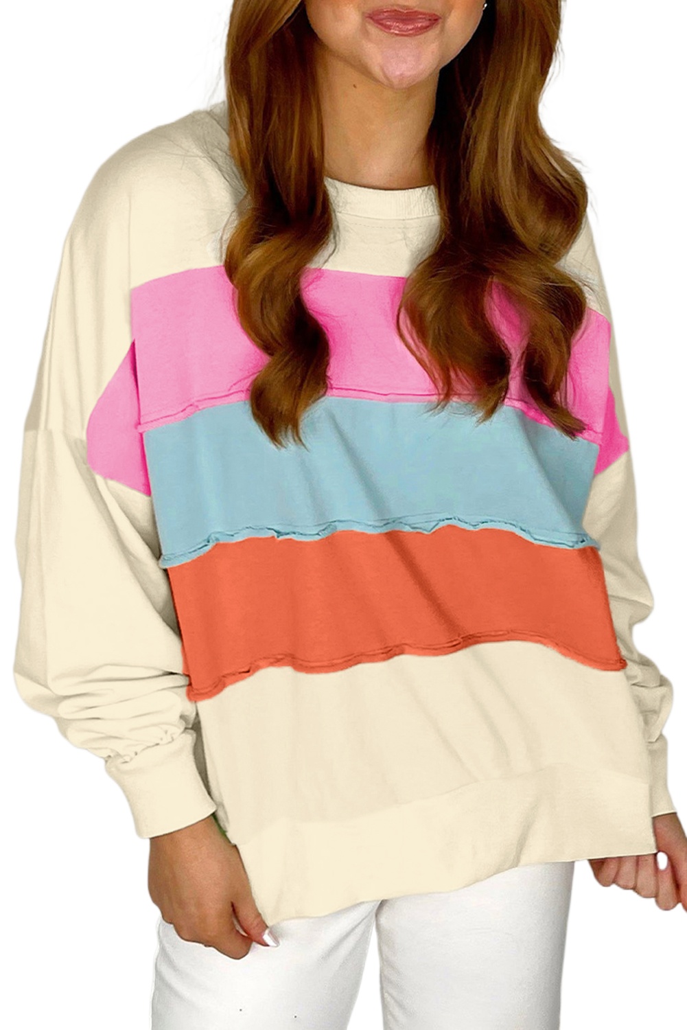 Women's White Colorblock Patchwork Crewneck Sweatshirt with Drop Shoulders - Main View Women's White Colorblock Patchwork Crewneck Sweatshirt with Drop Shoulders - Main View