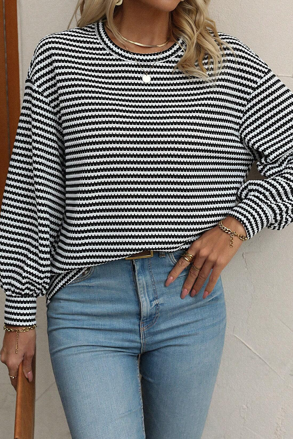Women's Black Stripe Long Sleeve Top - Casual and Trendy - Detail View 6 Women's Black Stripe Long Sleeve Top - Casual and Trendy - Detail View 6