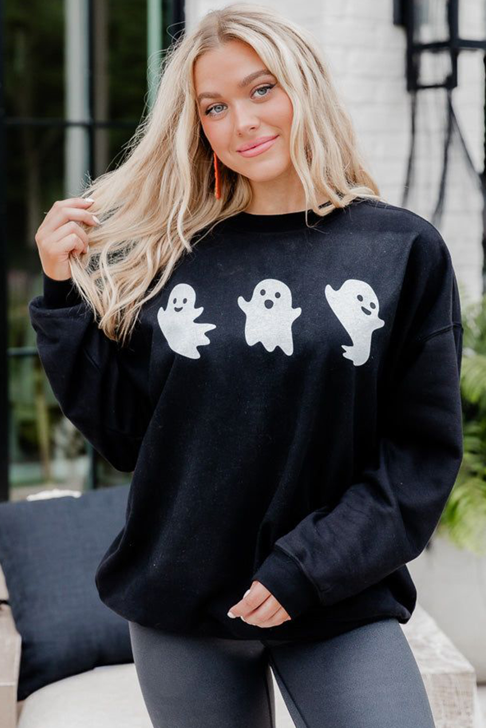 Women's Black Halloween Ghosts Print Round Neck Sweatshirt - Detail View 6 Women's Black Halloween Ghosts Print Round Neck Sweatshirt - Detail View 6
