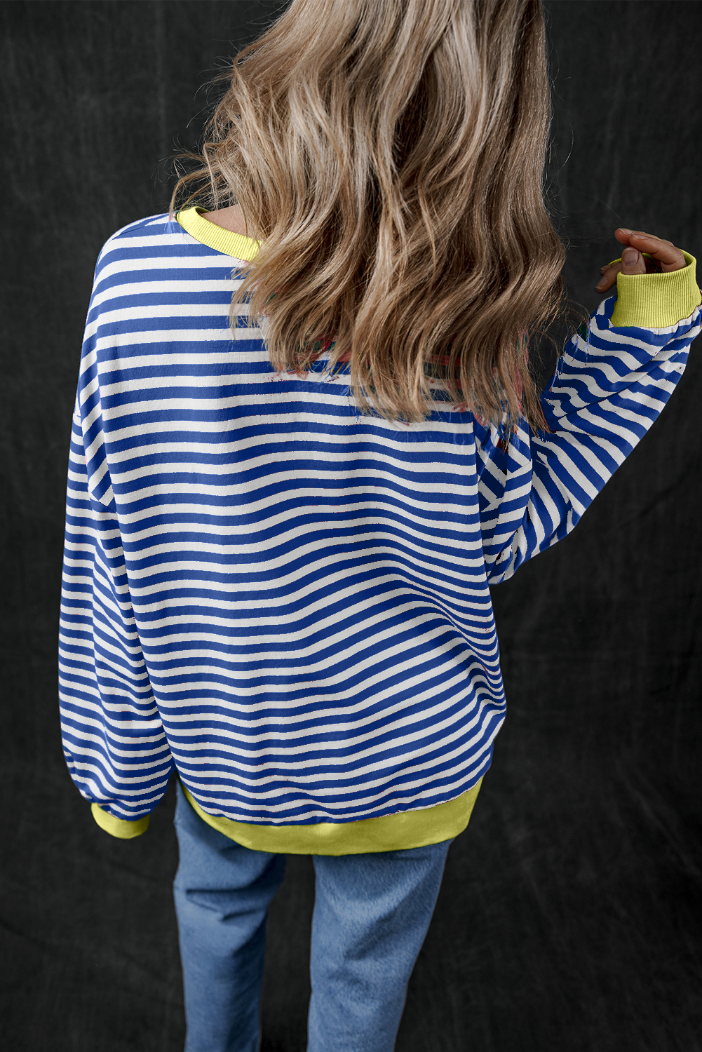 Casual Long Sleeve Sweatshirt: Blue Stripe with Contrast Trim - Detail View 2 Casual Long Sleeve Sweatshirt: Blue Stripe with Contrast Trim - Detail View 2